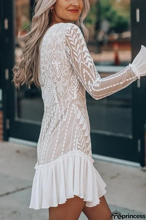 Lace Pleated Long Sleeve Ruffle Dress