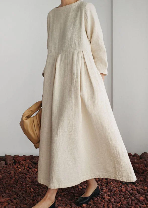 Unique Beige O Neck Wrinkled Patchwork Long Cotton Dresses Spring