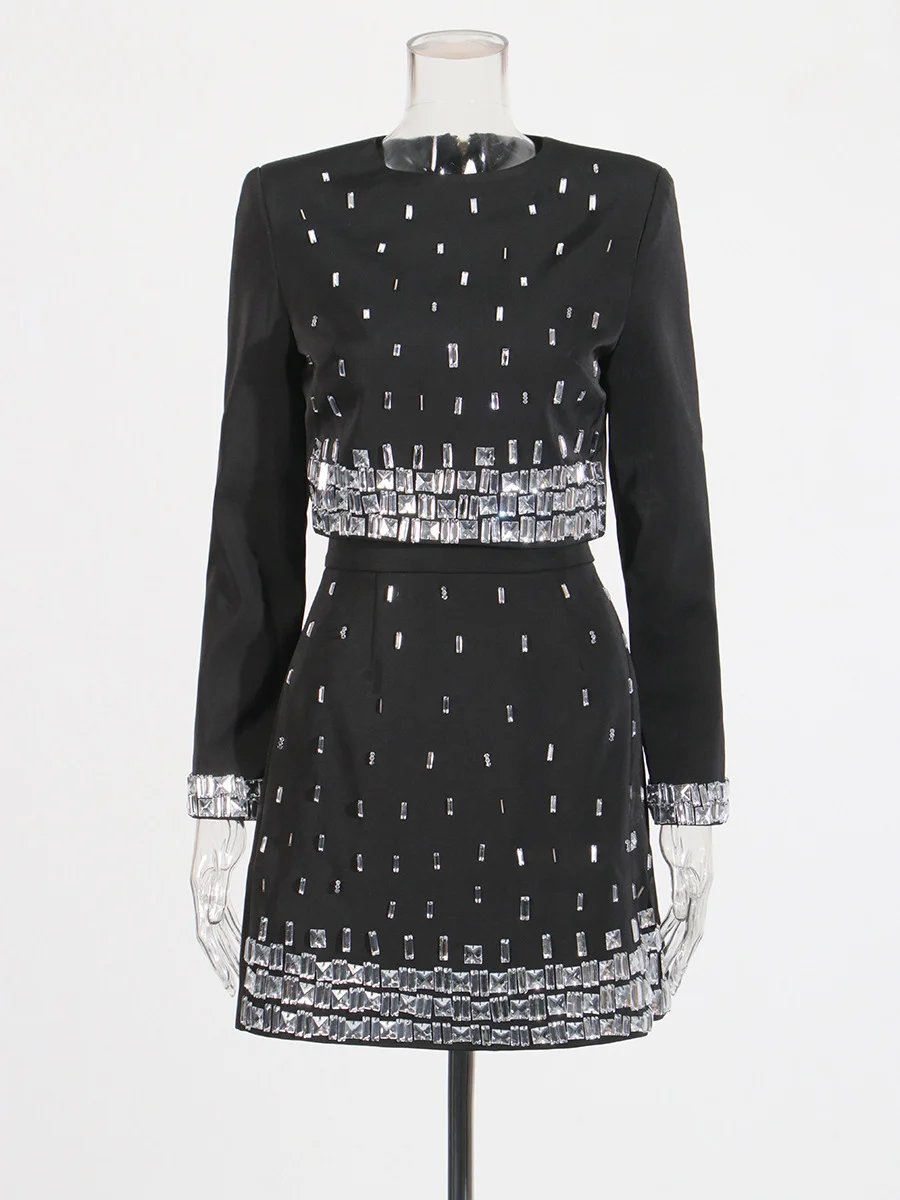 Sdrawing Sdrawing Elegant Two Sets Of Autumn 2025 New Fashion Heavy Industry Splicing Diamond Set Sexy Suit Woman