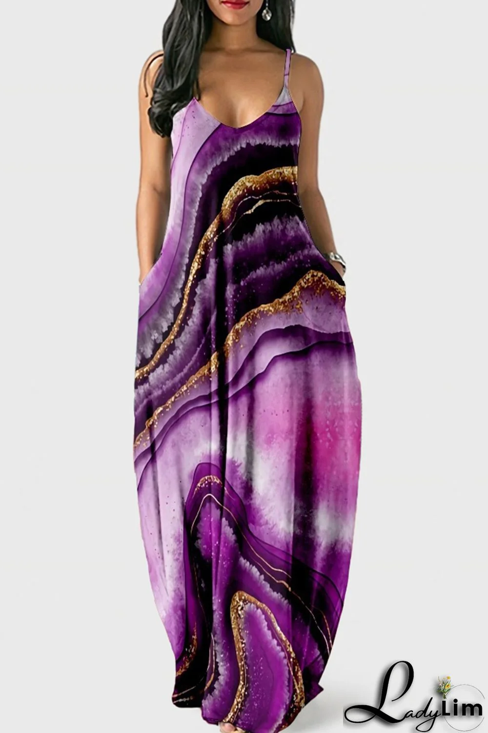 White Blue Fashion Sexy Print Backless Spaghetti Strap Long Dress