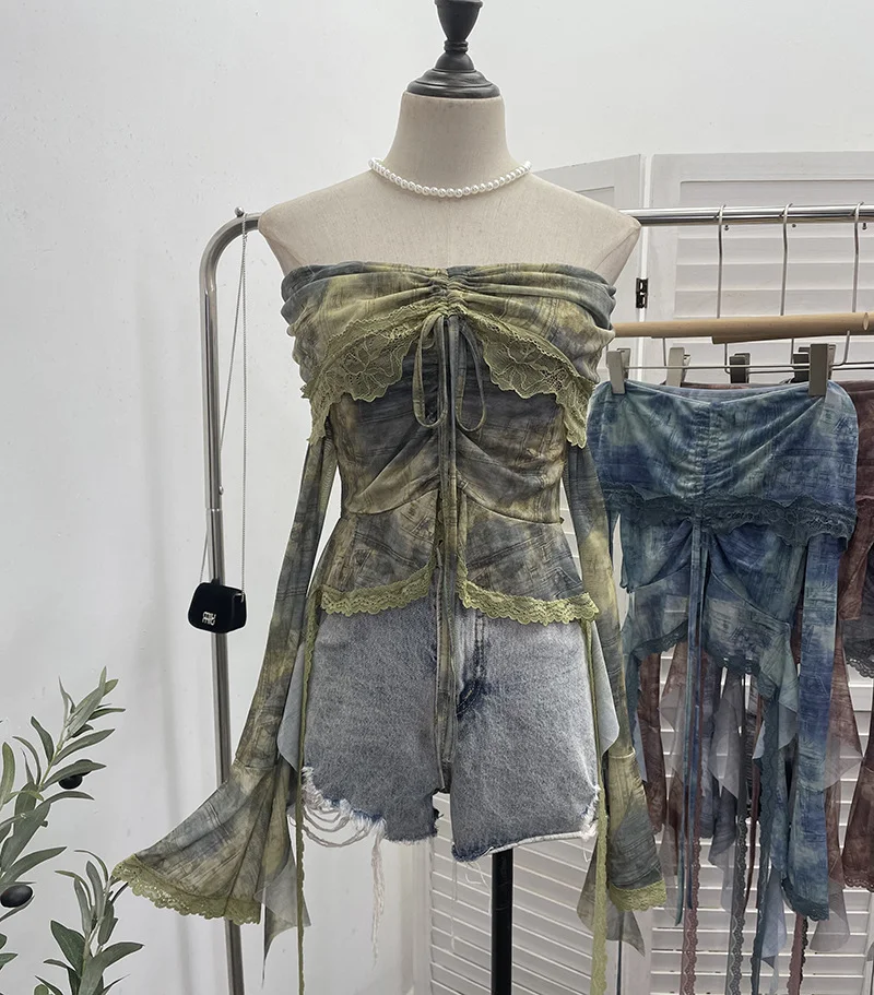 Brownm Small-Sized Old-Fashioned Green Shoulder Horn Sleeve Blouse Dye Net Yarn Lace Draw Rope Short T-Shirt 8010