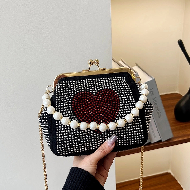 Women’s Pu Leather Heart Shape Streetwear Pearls Shell Lock Clasp Shoulder Bag Crossbody Bag