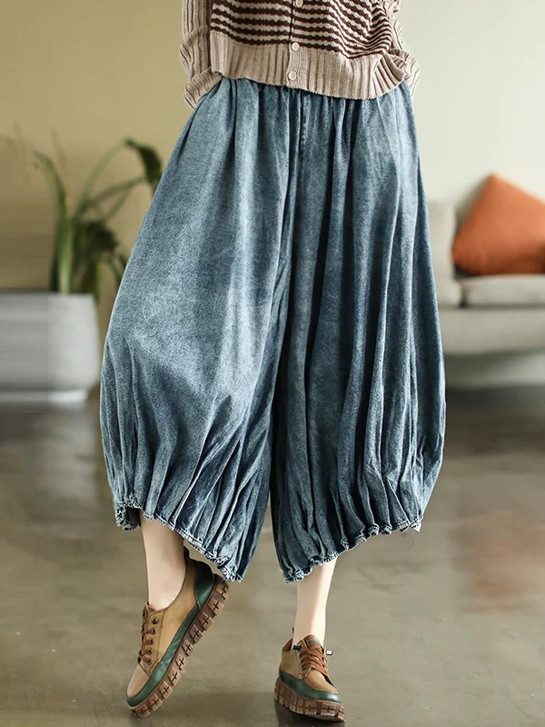 Cropped Roomy Elasticity Pleated Jean Pants Bottoms