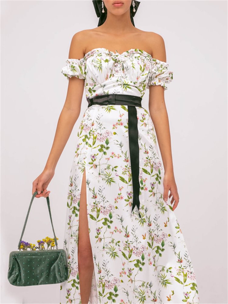 Artwishers Floral Puff Sleeve Ruffle Slit Maxi Dress