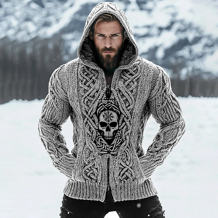 VChics Men's Vintage Viking Runes Skull Inspired Celtic Zipper Hooded Cardigan