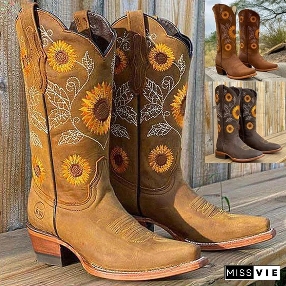 Women's Fashion Boot Sunflower Embroidery Cowboy Boots for Women Thick Heel Leather Boots Plus Size 35-43