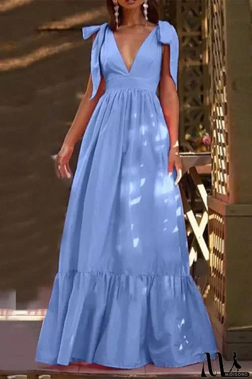 MidiSono - Tie Straps V Neck Tiered Ruffles Maxi Dress
