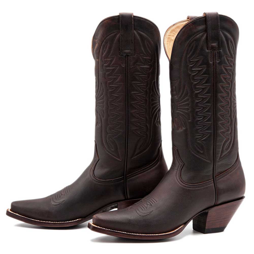 Snip Toe Chunky Heel Stitching Mid-Calf Cowgirl Boots in Brown Nicepairs