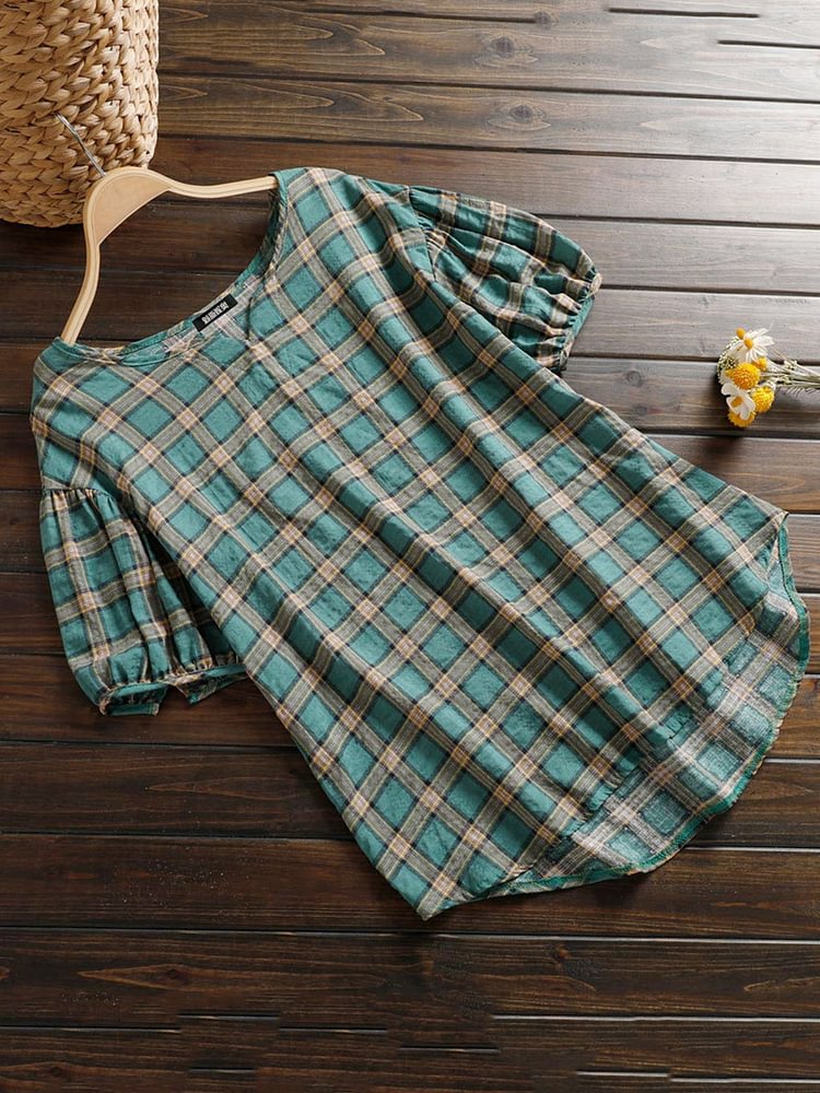 Bestdealfriday 34 Sleeve Paneled Plaid Cotton Blend Shirts Tops 8835015