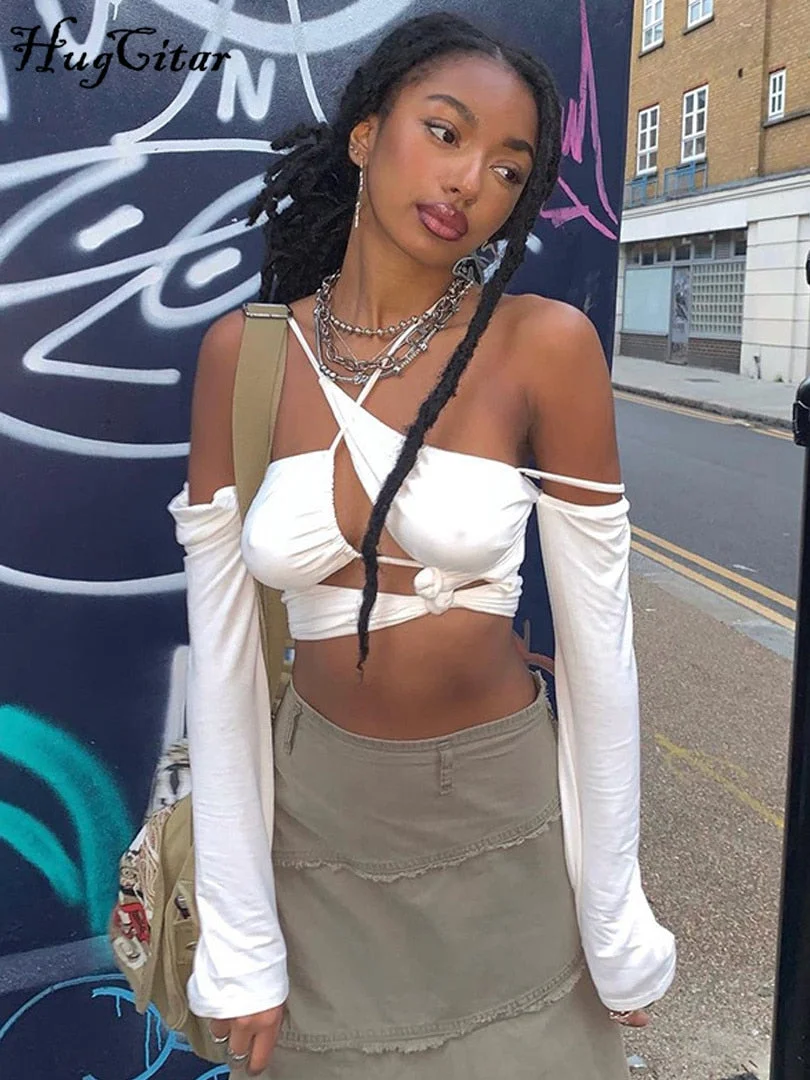 Hugcitar Women Pure Halter Single Shoulder Long Sleeve Bandage Drawstring Crop Top 2021 Fall Streetwear Outfit Fashion Y2K Party