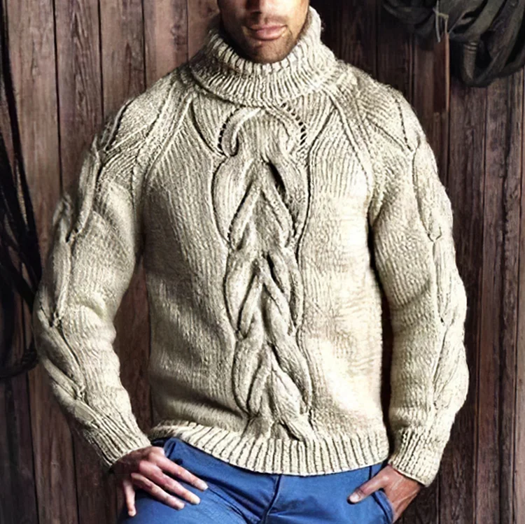 Men's Retro Cable Knit Jacquard Turtleneck Sweater