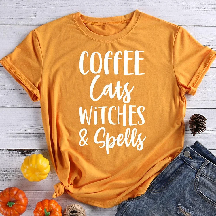 Coffee Cat Witch Halloween T-Shirt Tee -07867