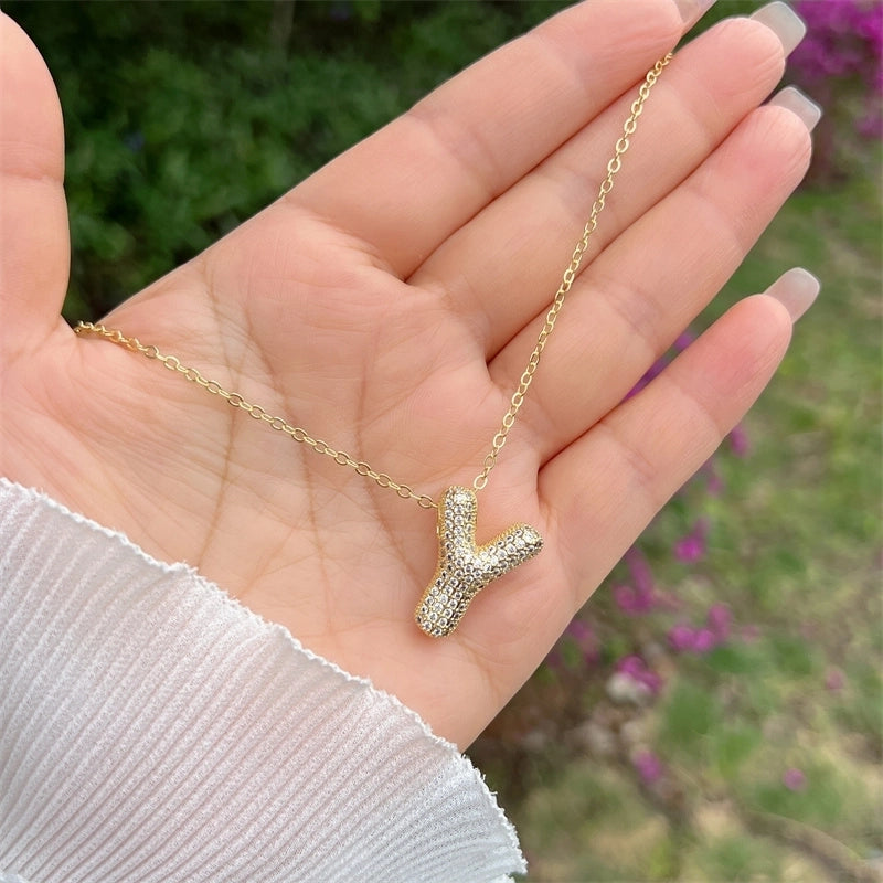 Copper 18K Gold Plated Hip-Hop Minimalist Classic Style Polishing Inlay Letter Zircon Pendant Necklace