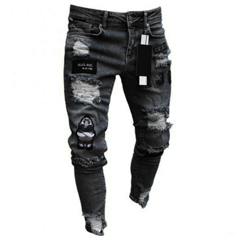 Winzsparks Fashion Men Slim Biker Ripped Long Denim Trousers Skinny Jeans Pocket Young Man Jogging Pants Destroyed Stretchy-Black Pants