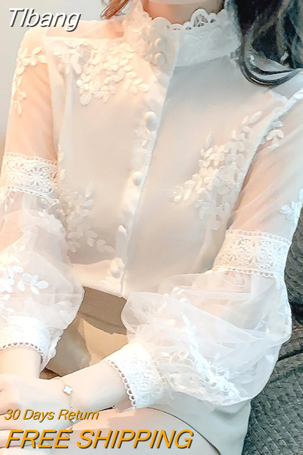 Tlbang Sweet Lace Mesh Shirts Spring Blouse Stand Collar White Lantern Sleeve Tops Flowers Embroidery Women's Clothing 23277