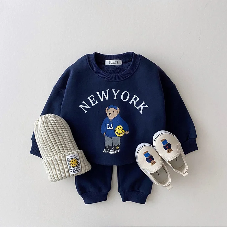 Toddler Boy/Girl NEWYORK Bear Print Long Sleeve T-shirt and Casual Pants Set