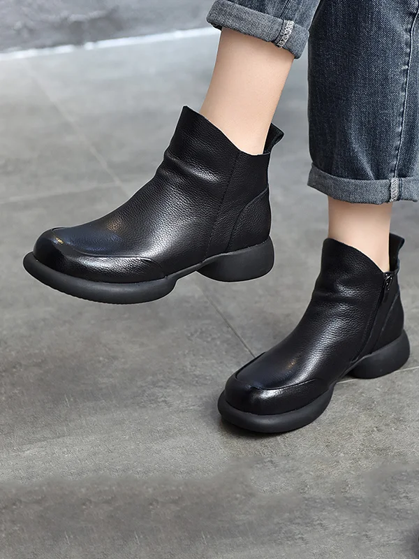 Round-Toe Solid Color Zipper Boots