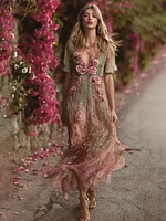 Women's 3d Rose Floral Gradient Color Resort Dress