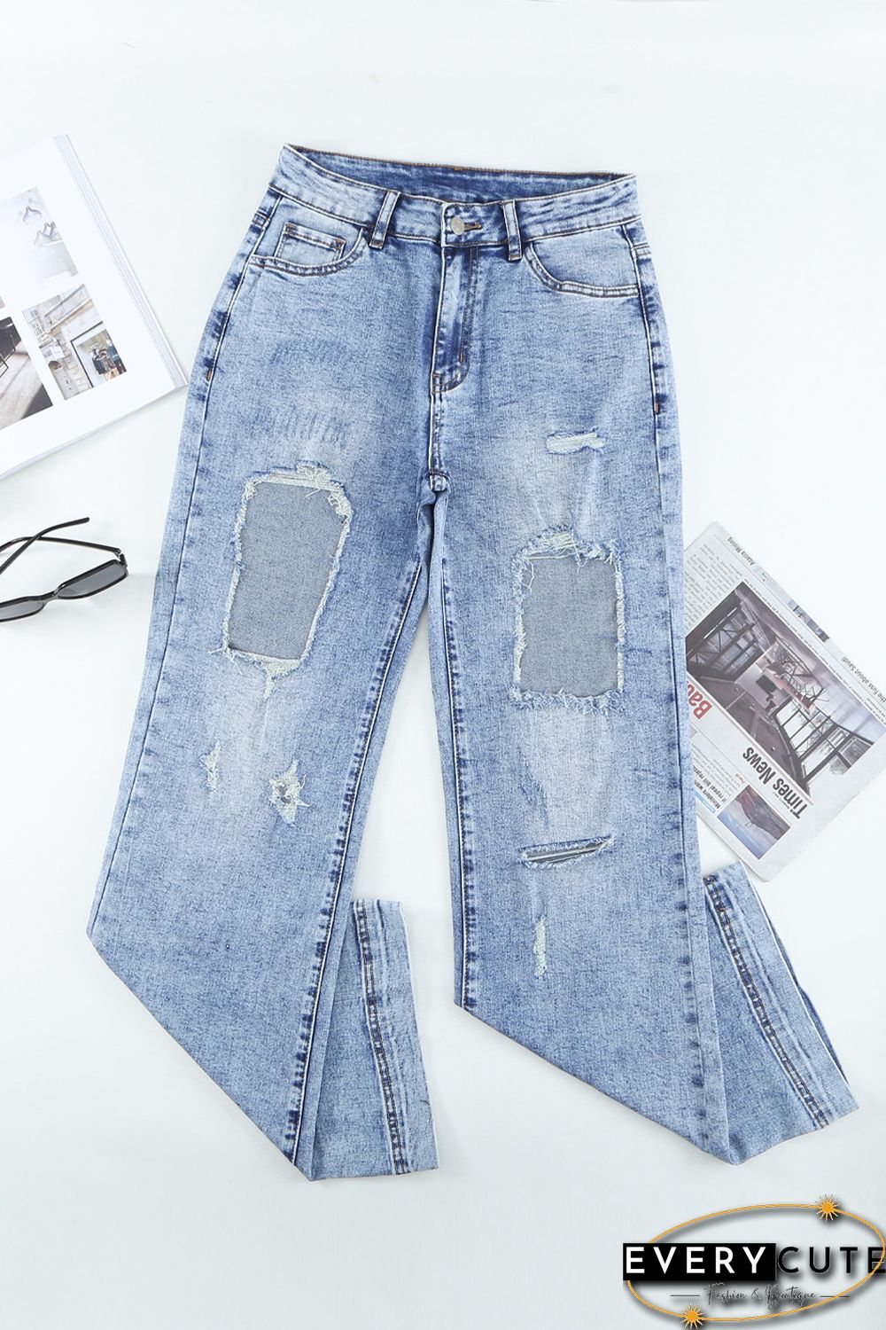 Light Blue Washed Holes Ripped Wide Leg Jeans