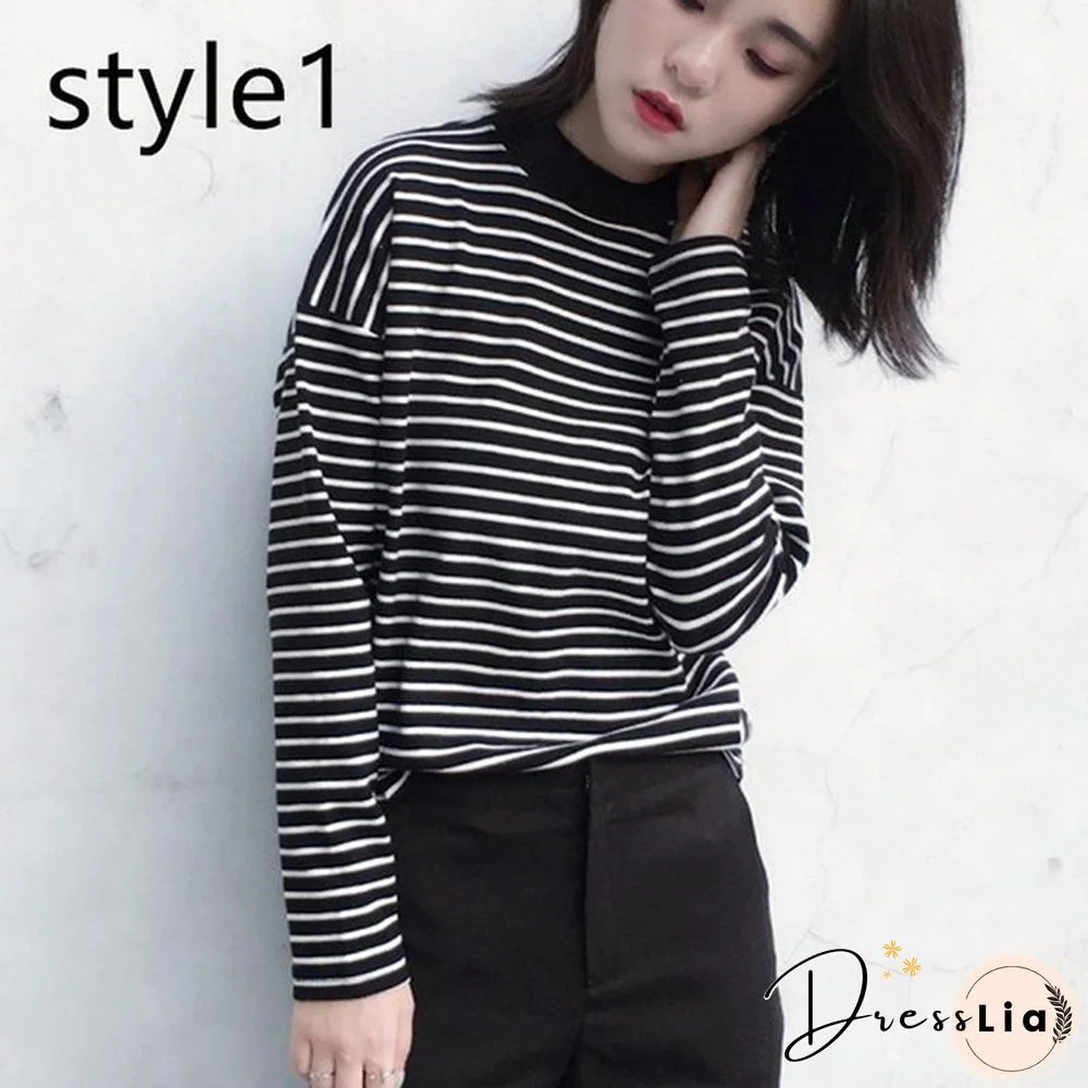 Women Turtleneck Korean Style Crop Top Long Sleeve Striped Tops Female Shirt Casual Harajuku Tops