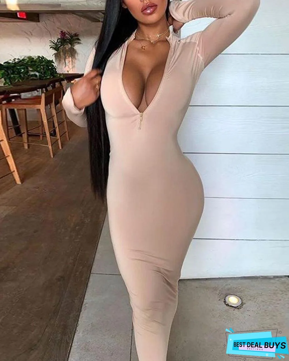 V Neck Bodycon Zipper Midi Dress