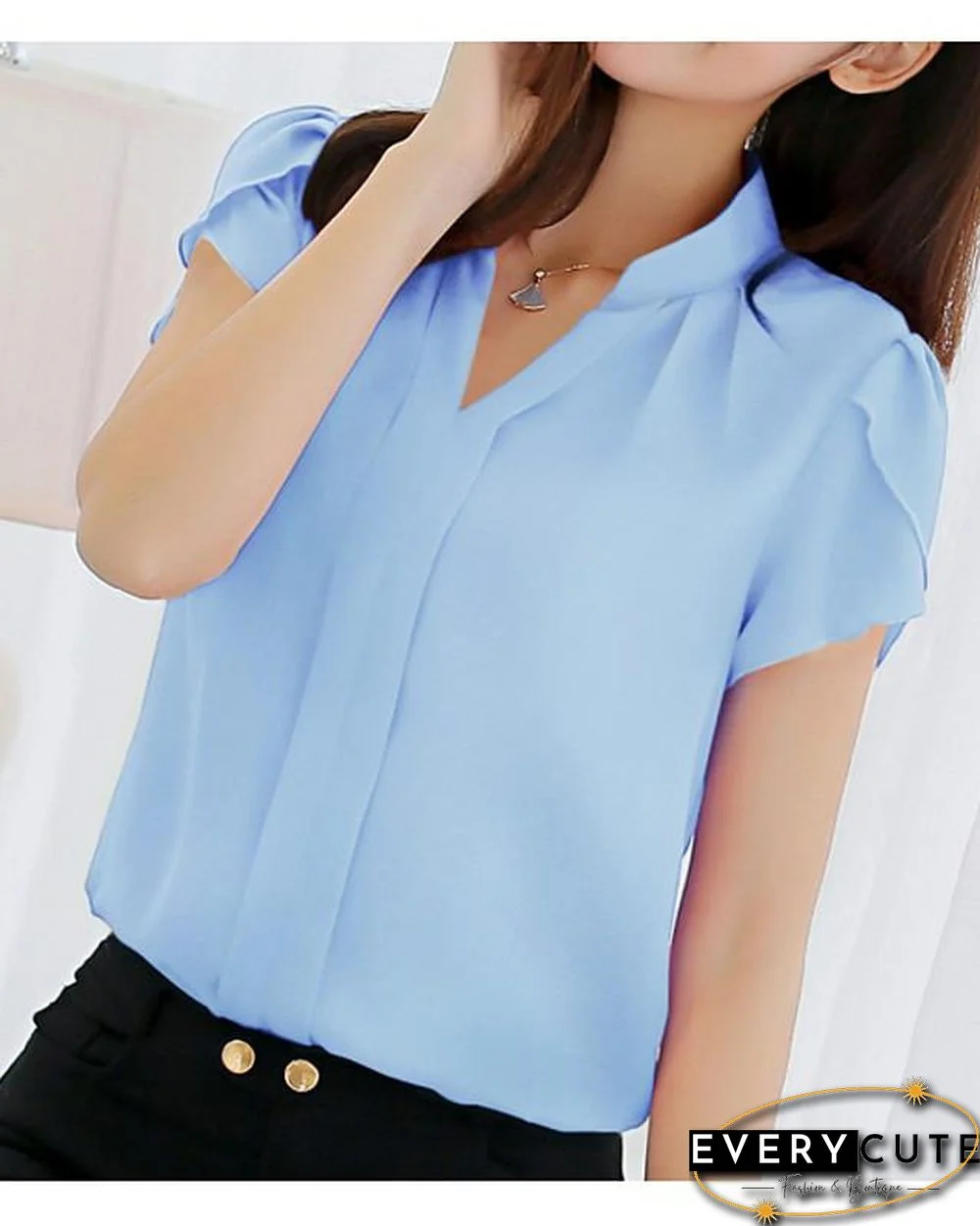 Women's Blouse Shirt Solid Colored V Neck Standing Collar Tops Basic Top White Blue Red-0204810
