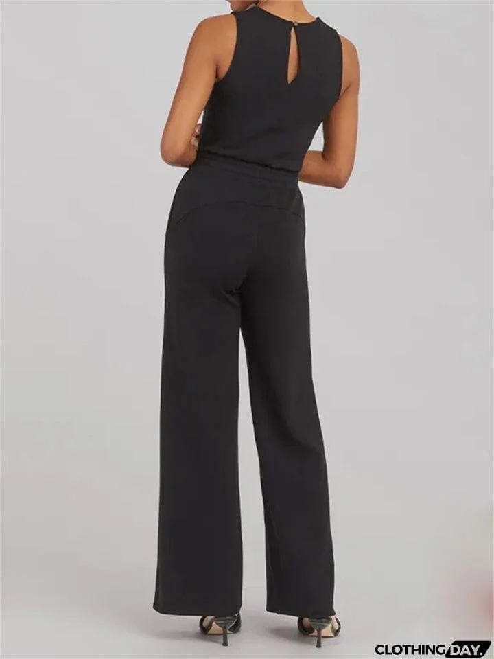 Ladies Summer Relaxed Crew Neck Sleeveless Straight Leg Jumpsuit