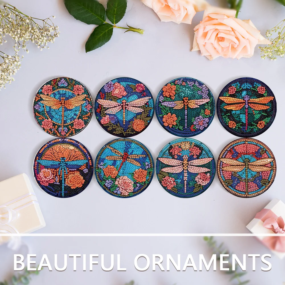 8pcs Dragonfly DIY Diamond Painting Coasters Kits with Holder Wooden Coaster