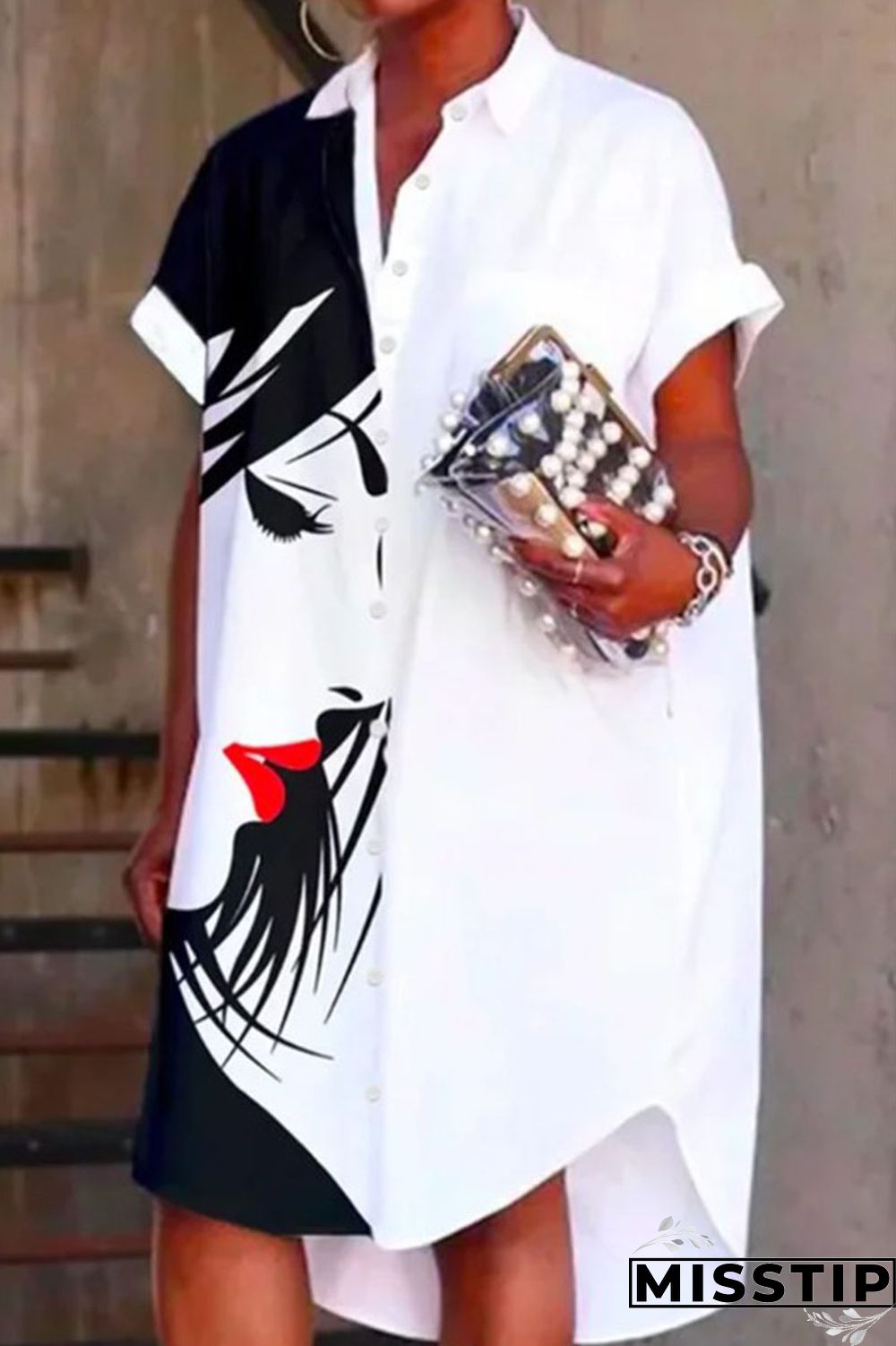 Black White Casual Print Patchwork Buckle Turndown Collar Shirt Dress Dresses