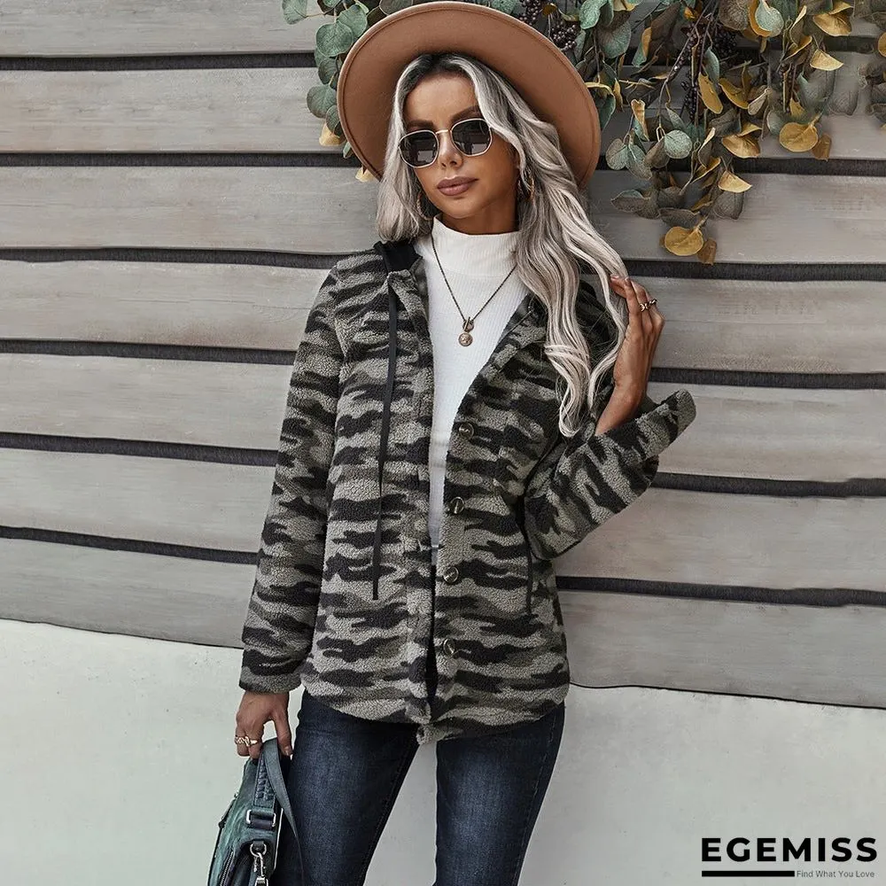 Cheetah Plaid Camouflage Print Button Design Teddy Coat | EGEMISS