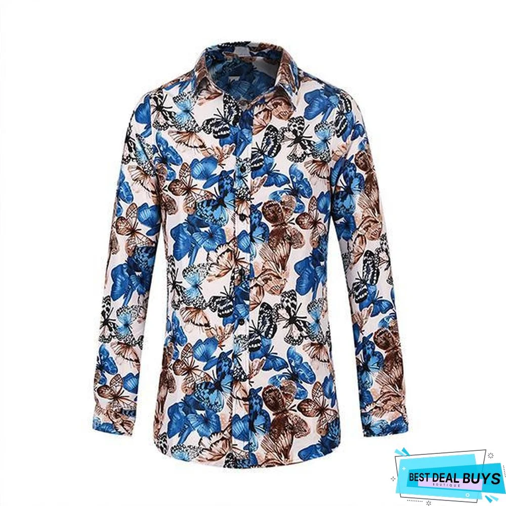 Men's Stylish Butterfly Printed Casual Slim Fit Long Sleeve Shirts