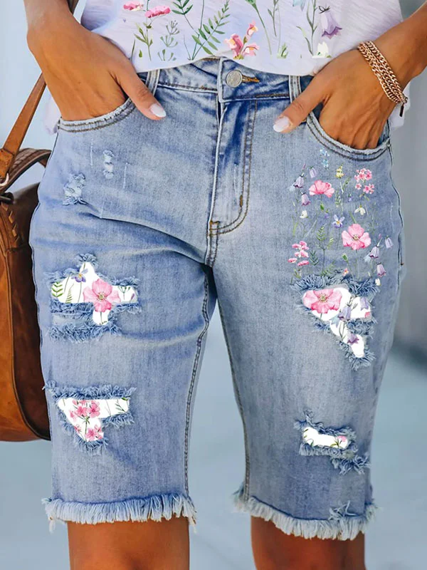 Floral pattern original denim shorts