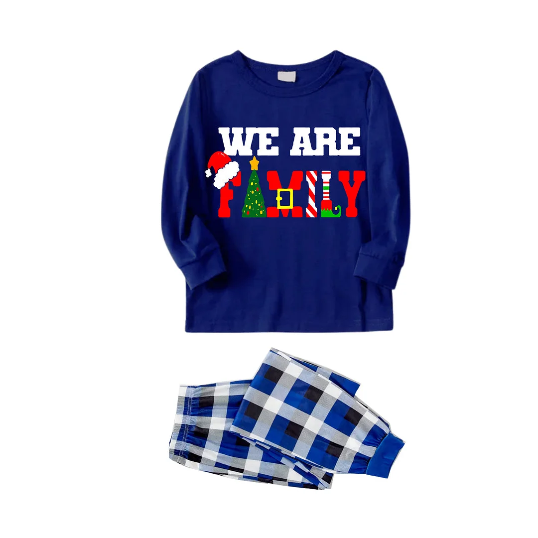 2024 "We Are Family" Christmas Prints Contrast Blue Long Sleeve with Blue and White Plaid Pants Family Matching Pajamas