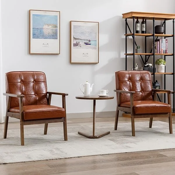 Mid Century Modern Accent Chair, Retro Wood Leather Armchairs Side Chair, Lounge Reading Comfy Arm Chair for Living Room, Bedroom, Office (Brown) Brown 1 Chair