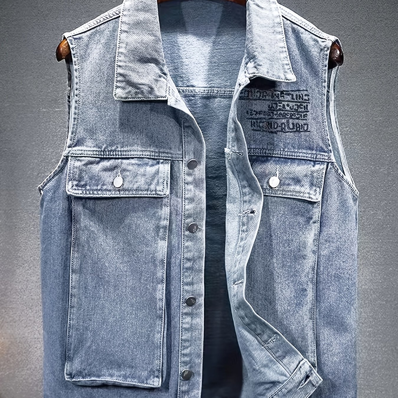 Men's Stylish Cotton Light Blue Denim Vest With Big Pockets