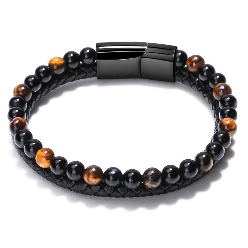 Volcano Tiger Eye Beaded Natural Stone Bracelet Men’s Cowhide Rope Bracelet Bracelet Style Hand Jewelry
