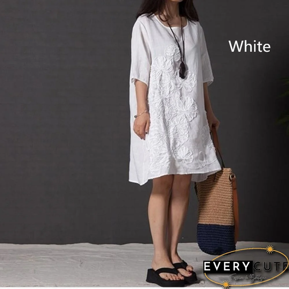 Women Fashion Summer Style T -shirt Loose Cotton Embroidered Casual Dress Plus Size Ladies Linen Dress