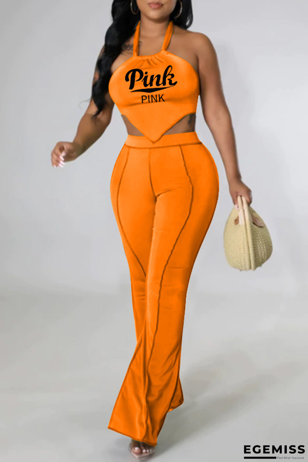Tangerine Red Fashion Print Patchwork Halter Sleeveless Two Pieces | EGEMISS