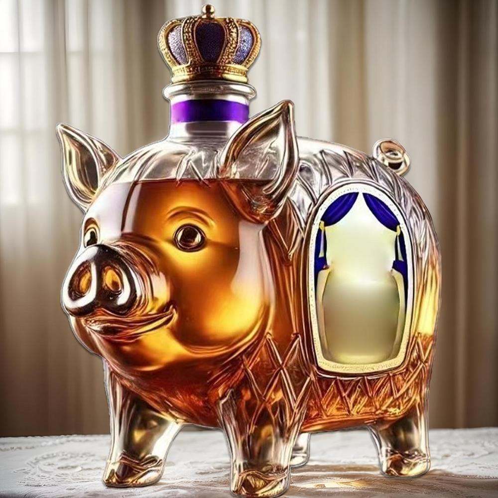 Tegooe Luxury Pig Decanter with Crown Stopper Novelty Glass Liquor Dispenser for Whiskey