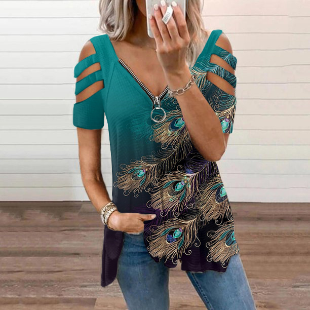  Women's Peacock Feathers V Neck Hollow Out Casual T-Shirt Westsshops