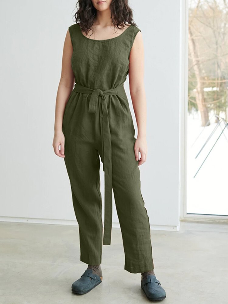 Solid Tie Pocket Sleeveless Crew Neck Open Back Jumpsuit