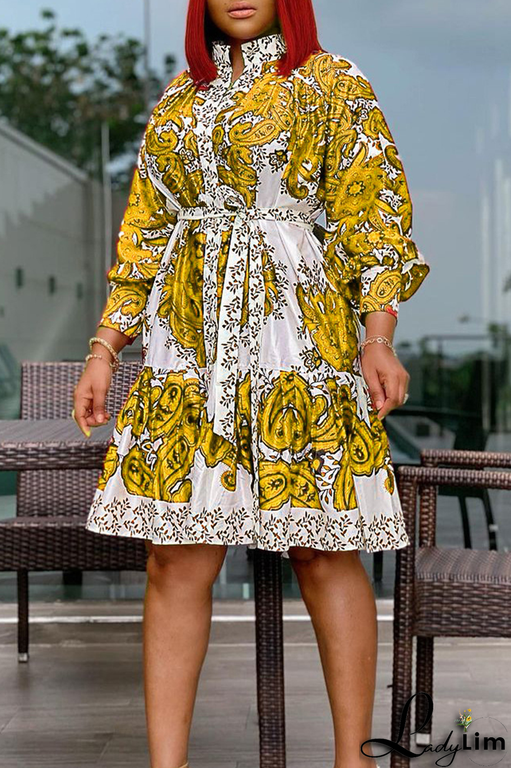 Yellow Fashion Print Patchwork Half A Turtleneck Cake Skirt Dresses