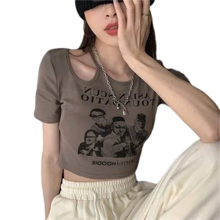 Brownm Brownm Short-Sleeved T-Shirt Female Summer 2024 New Retro Slim Heart Machine Hollow-Out Hot Girl Ins Trendy Top