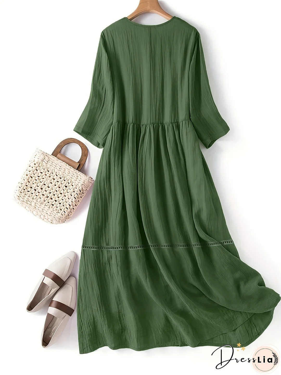 Plus Size Casual Dress, Women's Plus Solid Button Decor Long Sleeve V Neck Dress