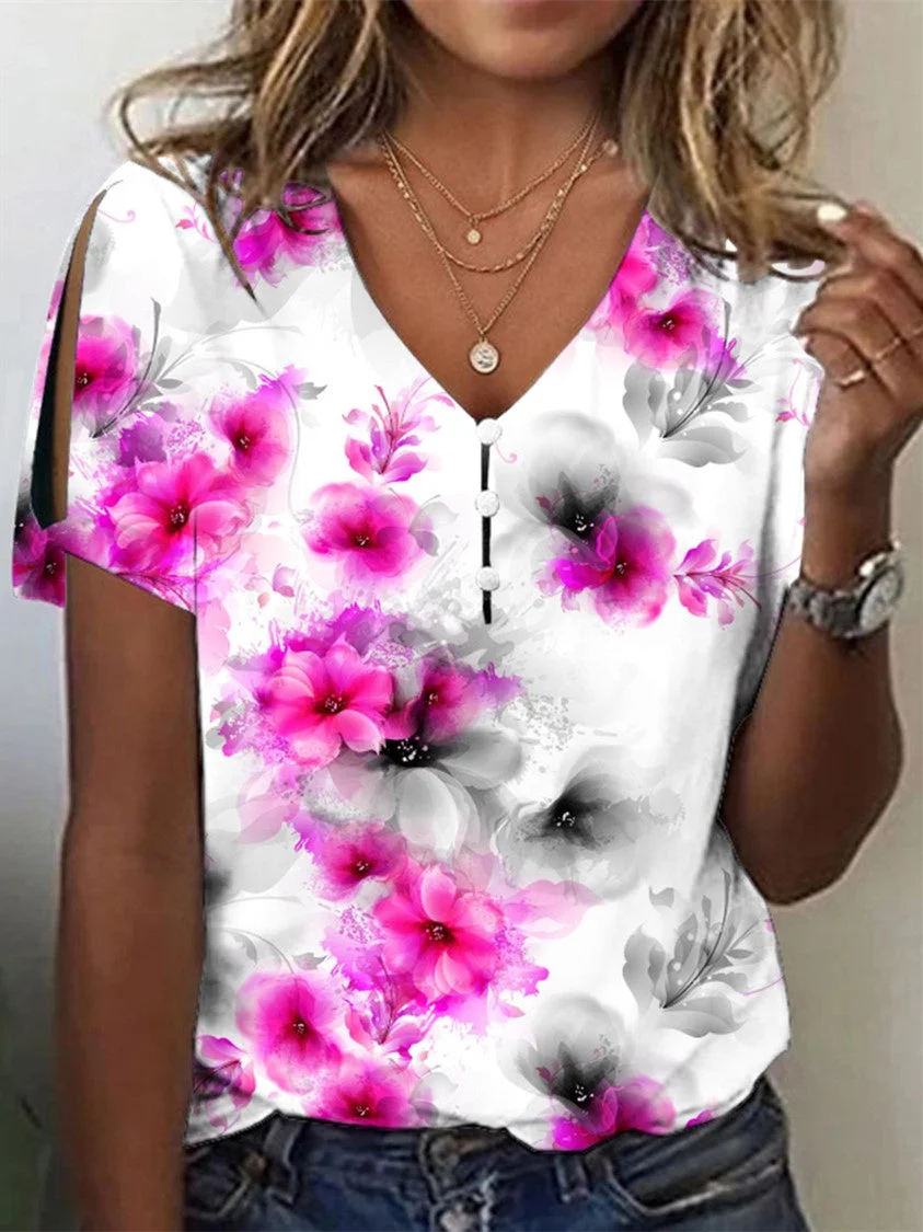 Women's Floral Printed Short Sleeve Key Hollow V-neck Buttons Top