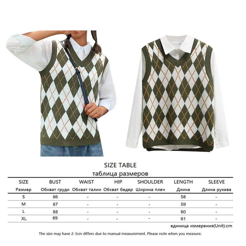 Argyle Sweater Vest Women  Black Sleeveless Plaid Knitted Crop Sweaters Casual Autumn Preppy Style 2020 tops V Neck Vintage