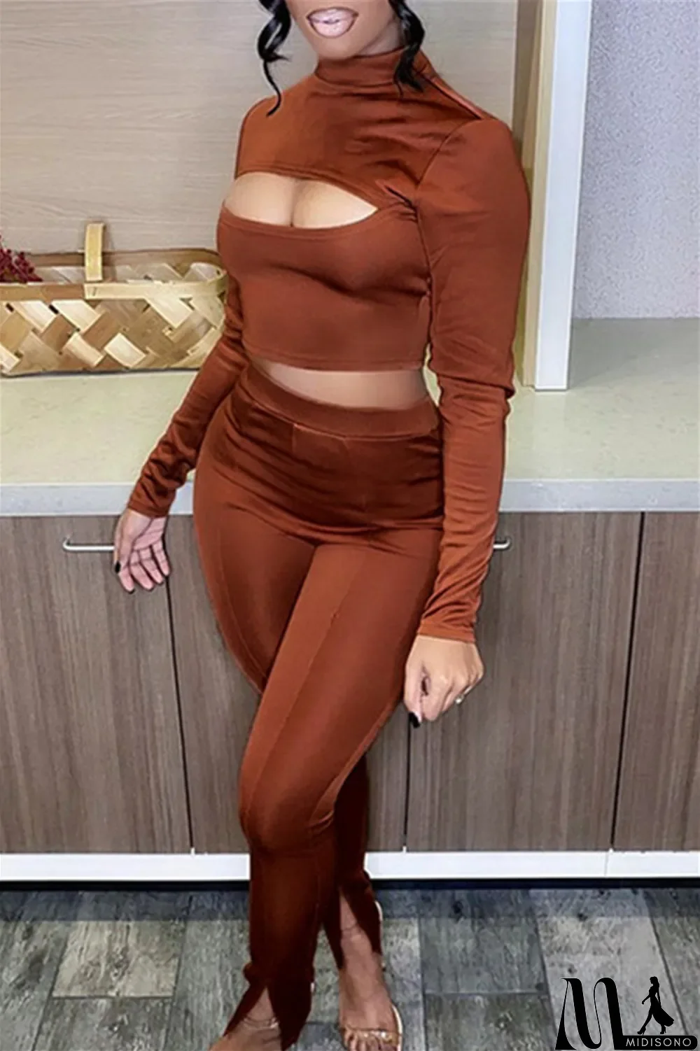 MidiSono - White Sexy Casual Solid Bandage Turtleneck Long Sleeve Two Pieces