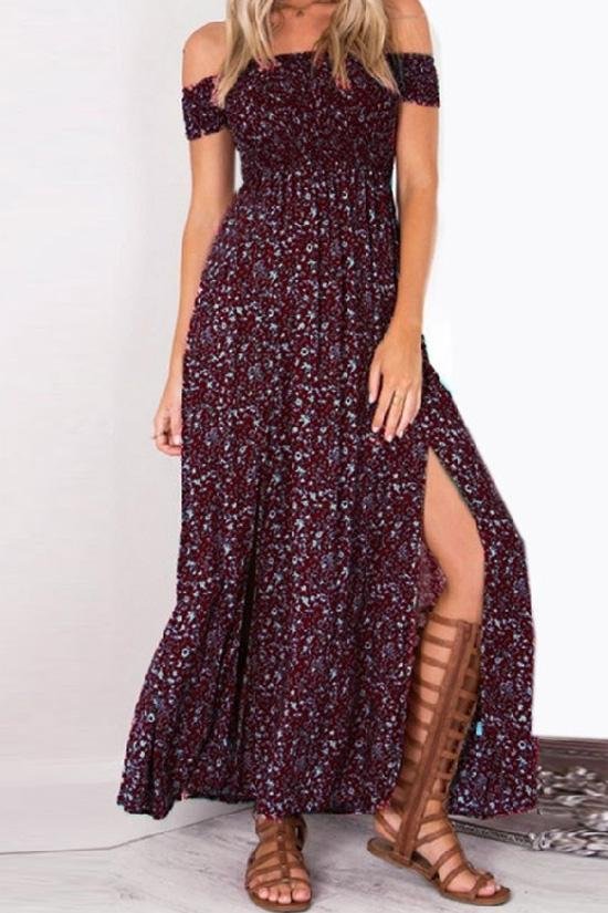 Off Shoulder Boho Floral Maxi Dress-elleschic