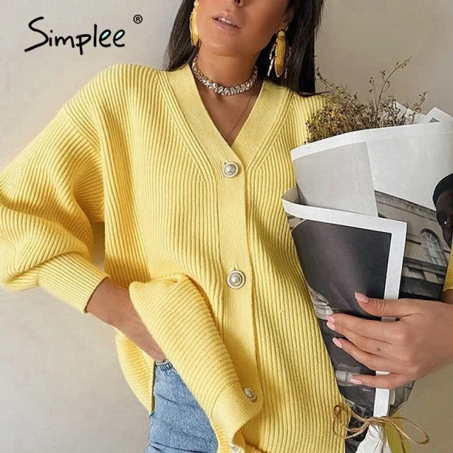 Simplee Casual long knitted cardigan female autumn winter Loose lantern sleeve sweater cardigan Basic white button women's tops