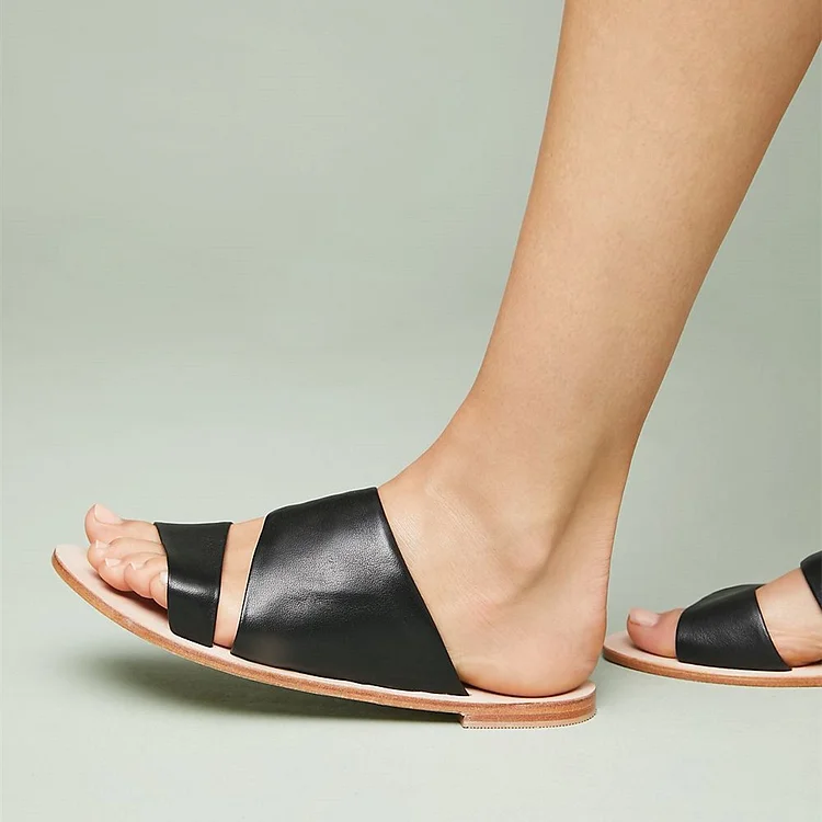 Black Flat Women's Slide Sandals Open Toe Comfy Summer Slides Shoes |FSJ Shoes